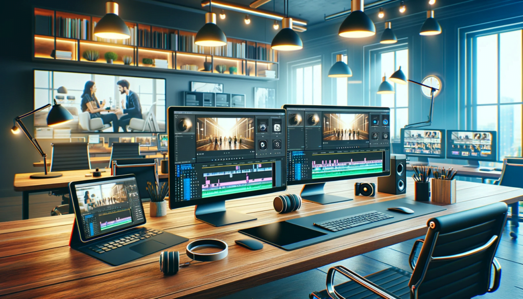 Un espace de travail professionnel pour l'édition vidéo, avec des écrans d'ordinateur affichant des logiciels de montage vidéo