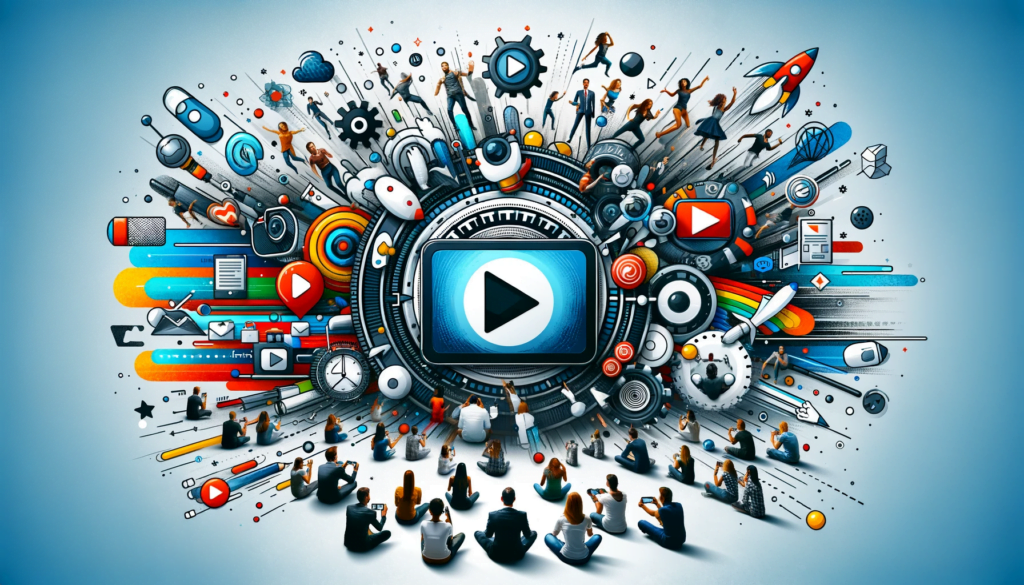 Groupes divers de personnes regardant des vidéos sur divers appareils, symbolisant le succès du marketing vidéo