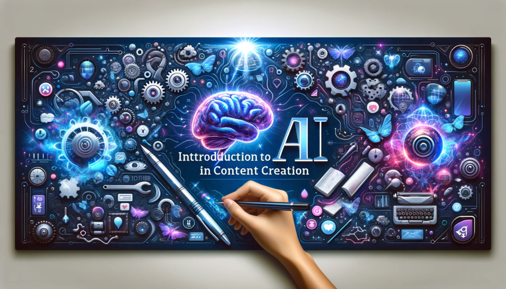 Intelligence artificielle BOOSTE la création de contenu avec cerveau numérique, clavier, et icônes des médias sociaux sur fond futuriste